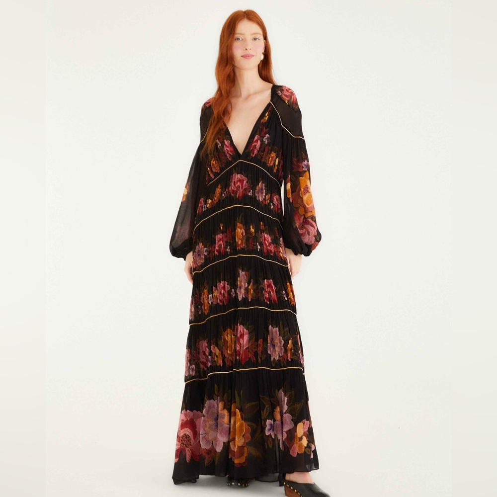 FARM Rio Black Chenille Flowers Long Sleeve Midi Dress Size XS